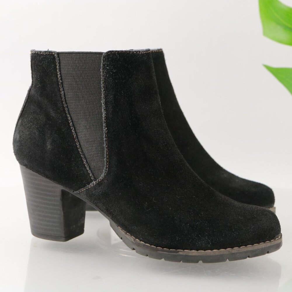 Clarks Women's Pause Camelia Boot Size 7 Chelsea Black Suede Block Heel Comfy - Picture 1 of 13